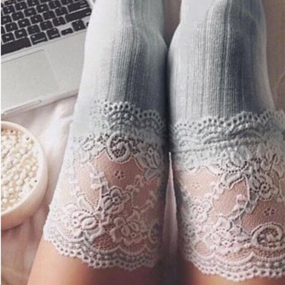 Gray Lace Knit Thigh High Over Knee Socks.